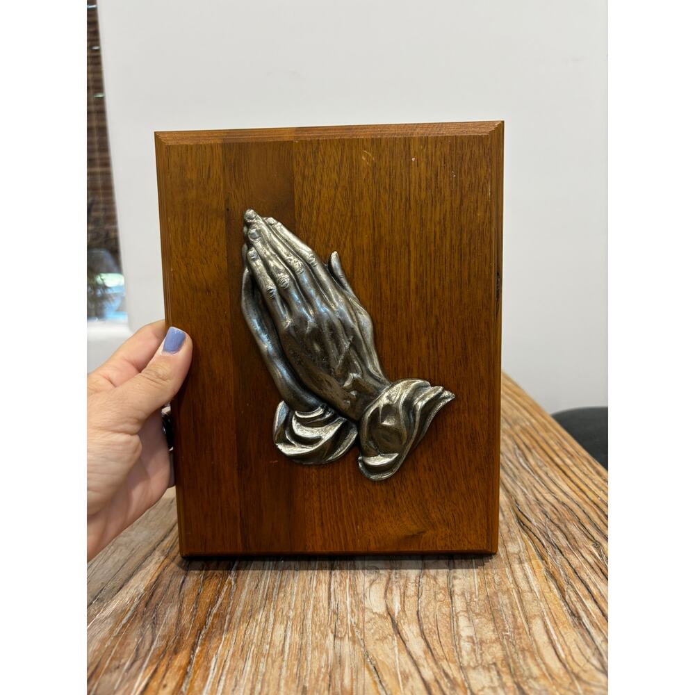 Vintage Praying Hands Plaque Wood & Metal Wall Art Religious Mid Century Decor